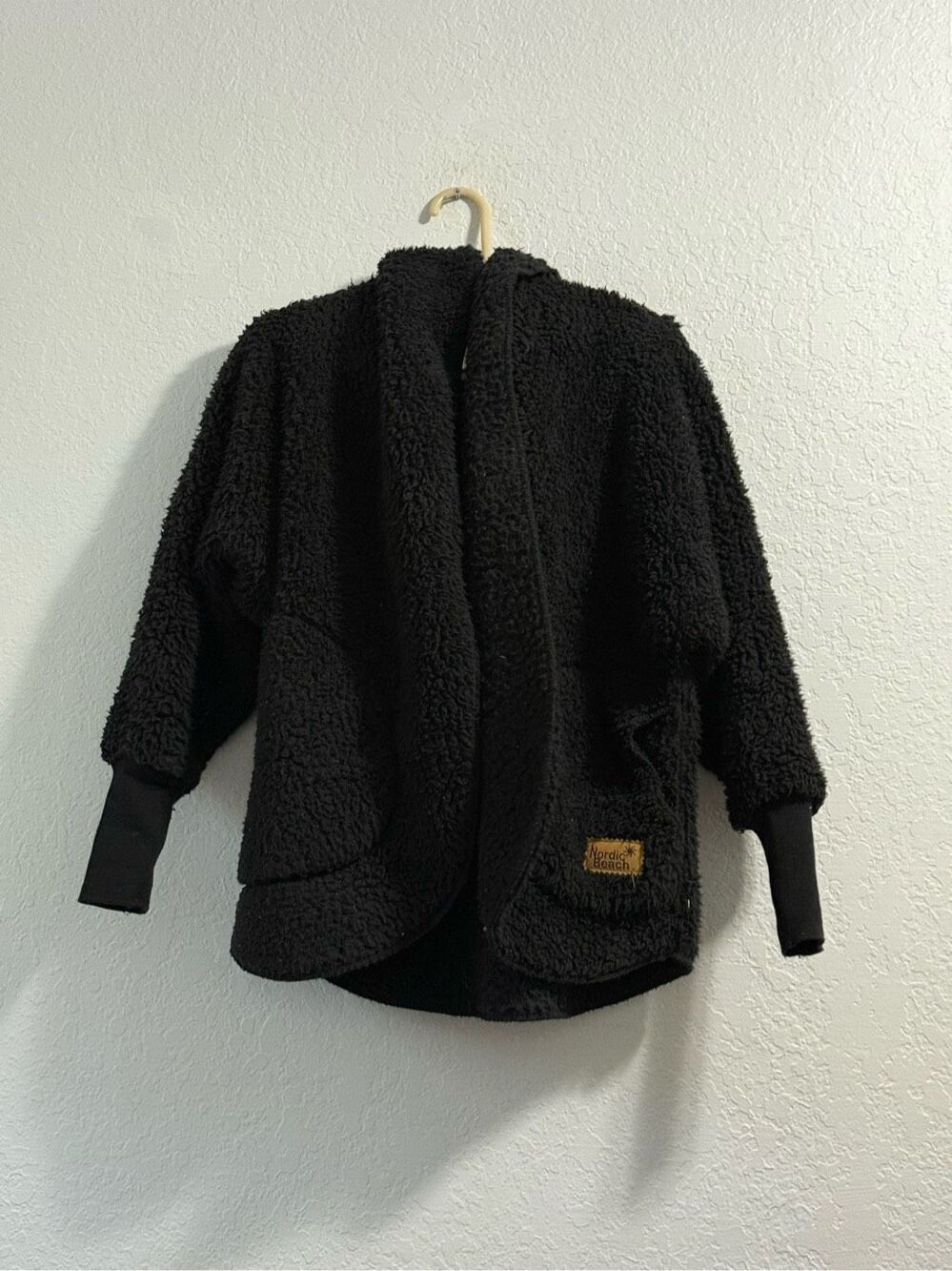 Nordic Beach Black Sherpa Open Front Hooded Fleece Jacket One Size petite